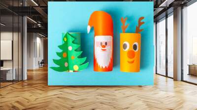 Toilet paper crafts on a colored background. Kids crafts made with toilet paper roll. DIY. Handmade. Paper toys. Origami animals. Concept of children's educational games. Place for text. Copy space. Wall mural