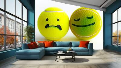 tennis ball with facial expression drawn in black pen, sad, happy, on a white background. Wall mural