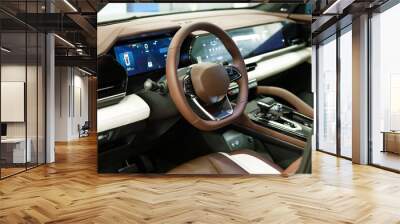 empty interior of modern premium car with three touch displays. white and brown interior, driver's seat Wall mural