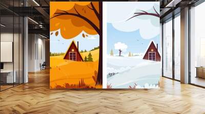 Beautiful landscape. A forest house in the middle of a thicket. Landscape of two seasons, autumn and winter, one place.Cartoon style. Vector graphics. Wall mural