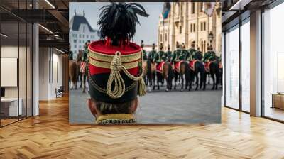 Hussar traditional military hat closeup. Background with line up of hussar cavalry on horses in front of the Parliament House during the 15 March military parade in Budapest, Hungary.  Wall mural