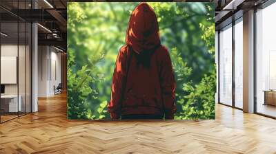 Graphitic illustration design of a girl without a face wearing a hoodie sweater in nature on vacation with bright pink and green colors Wall mural