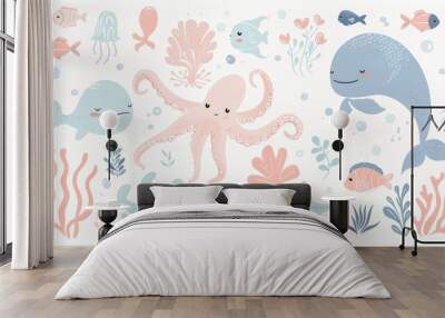 It features jellyfish, octopus, ramps, clown fish, crabs, sea horses, and crabs in a creative nautical clipart illustration. Wall mural