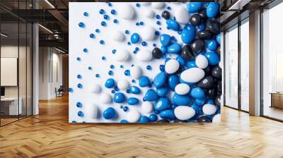 3D render illustration of dirt particles removed from white fabric with a drop of water against blue backdrop. Washing, clean concept. Wall mural