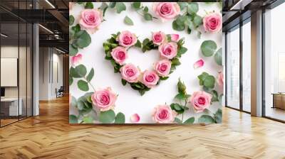 A beautiful floral background with roses and heart shapes. Wall mural