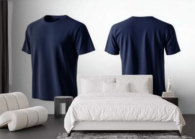 A blank navy blue T-shirt mockup on a white background with the front and back views Wall mural