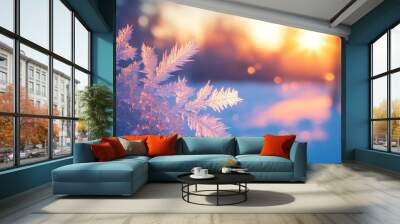 A blurred background highlights ice crystals on a window pane. Wall mural