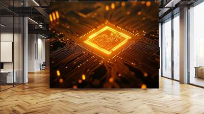 A bright yellow and orange display technology concept with the Monitor symbol as a neon light. This icon appears on a black background with a high-tech floor underneath. 3D rendering. Wall mural