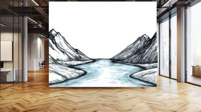 A continuous line drawing of a mountain landscape. Wall mural