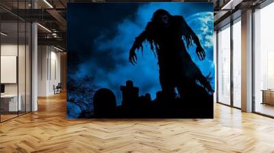 A creepy silhouette of a monster walking in a graveyard during a full moon Wall mural