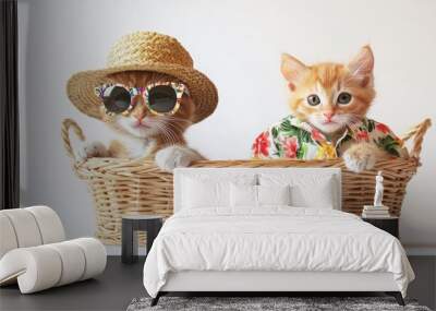 A cute grey kitten in a basket and a cute grey cat wearing a summer costume, scattered on a white background, isolated on a portrait of the cat looking at the camera. Wall mural