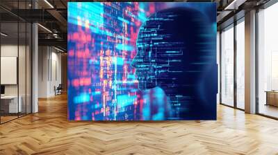 A digital silhouette of a human head containing data and technology elements, in blue and orange. Wall mural