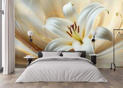 A golden sky is dotted with stucco lilies covering golden leaves and buds. Wall mural