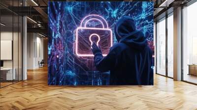 A hacker wearing a hoodie uses a glowing digital padlock in a circular tech hologram on a blurry background. Security, hacking, and protection concept. Double exposure. Wall mural