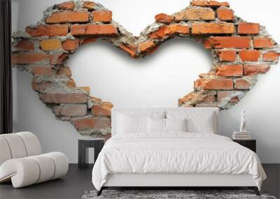 A heart-shaped hole in a crumbling brick wall with red bricks exposed on a transparent background - Symbol of Resilience and Urban Decay Wall mural