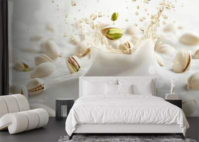 A pistachio milk splash is isolated on a green background. A green milk wave is flying in the air above the splash. Wall mural