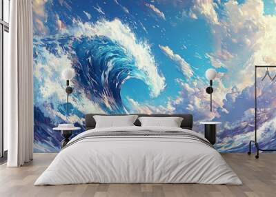 A powerful wave crashes onto the shore, capturing the energy and beauty of the ocean. Wall mural