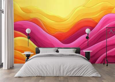 A three-dimensional render with organic, wavy surfaces. Pink and yellow wallpaper. Wall mural