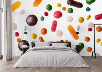 A variety of jelly beans are falling in the air, isolated on a background of sweet dessert. Wall mural