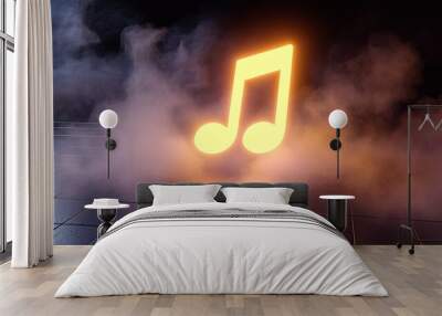 A vibrant neon light music icon in orange and yellow isolated on a black background. 3D rendering. Wall mural