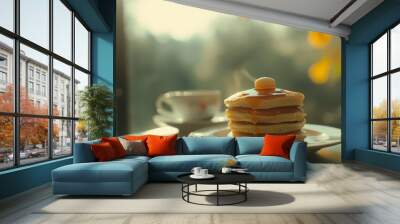 A white plate with fluffy pancakes and a silhouette of syrup Wall mural