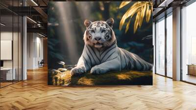 A white tiger lies in the jungle surrounded by trees Wall mural