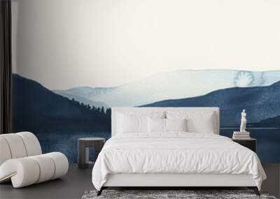 Abstract watercolor landscape in navy blue and indigo. Modern mountains template in background art. Wall mural