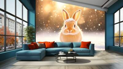 An action camera shot of a little tiny bunny dressed as Santa Claus on a snowing background with a christmas tree. Wall mural