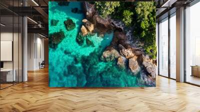 An aerial view of rocky coastline with turquoise waters and sandy beaches in the sun Wall mural