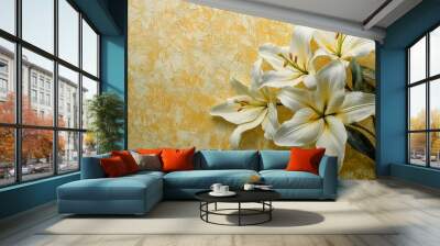 An arch of golden stucco lily buds and leaves surrounds a background of gold Wall mural