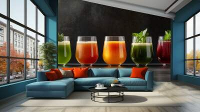 An array of colorful wine glasses with various beverages and a fresh sprig of greenery Wall mural