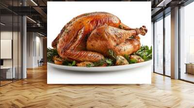 An attractive, cut-out version of roasted turkey with rosemary and lemon on a white plate Wall mural