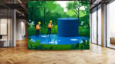 An engineer installs a rainwater collection system on a green construction site Wall mural