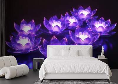 An extreme close-up of a purple flower background with an illuminated double lotus in neon color Wall mural