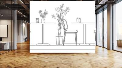 An illustration of a dining table and chairs in continuous line art style. Wall mural