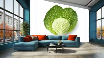 An isolated view of a whole and individual leaves of green cabbage against a flat background. Fresh salad vegetables, healthy and organic. Wall mural