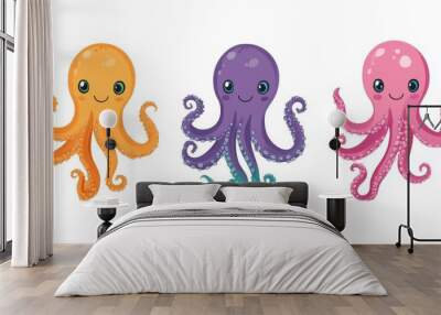 An octopus cartoon with suckers, squids, and krakens on a white background Wall mural