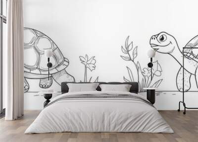 An outline of a turtle is isolated on a white background in a modern illustration. Wall mural