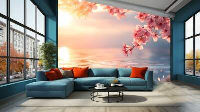 At sunset, the sun shines on a spring landscape with blooming wildflowers Wall mural