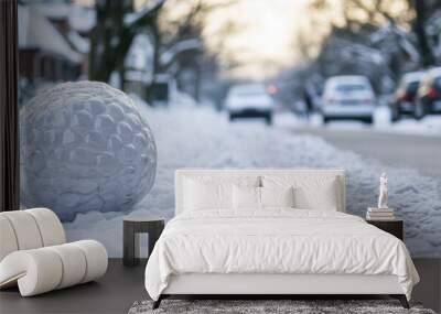 At the corner of a residential street, a parking meter is covered in snow, Wall mural