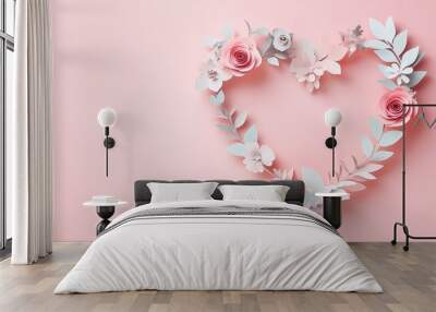 Background with pink love heart and copy space for Valentine's Day. With paper cut flowers. Stock. Wall mural