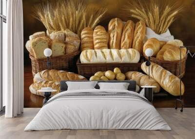 Baking goods and wheat ears surround fresh baguettes. Wall mural