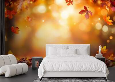 Beautiful orange bokeh on a natural background with golden autumn leaves. Wall mural