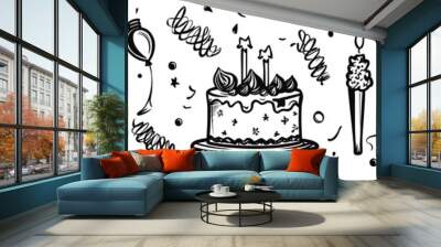 Birthday cake, balloon and event decoration element hand drawn. Background concept for party, carnival celebration. Wall mural