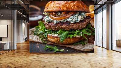 Blue cheese burger made with beef patty, crumbled blue cheese, and sweet caramelized onions. Served with peppery arugula. Wall mural