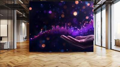 Businessman's hand holding growing purple business chart on dark background with mock up place. Financial growth and trade concept. Wall mural