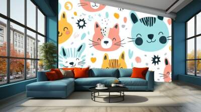 Cartoon animals and fun shapes feature in this seamless, playful and bright pattern Wall mural