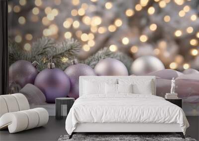 Christmas ornaments on a table. Purple. Wall mural