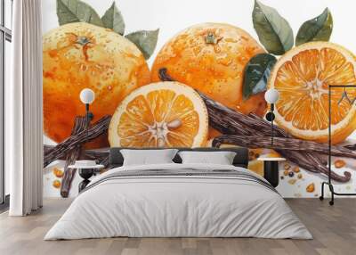 Clipart image of oranges and vanilla beans in watercolor, ideal for creating an Orange Dream smoothie Wall mural