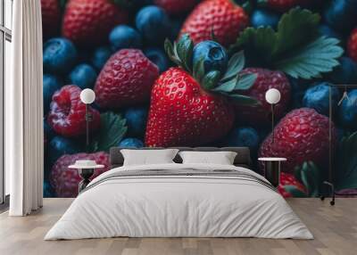 Close-up of strawberries with green foliage on top Wall mural